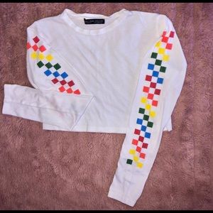 White crop top with rainbow checkers